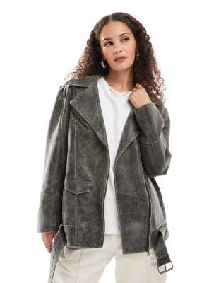 Urbancode Urbancode distressed longline biker jacket in brown