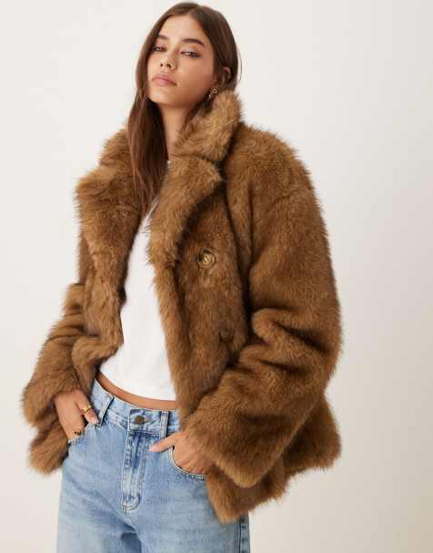 Urbancode double breasted button detail faux fur coat in brown - view 1