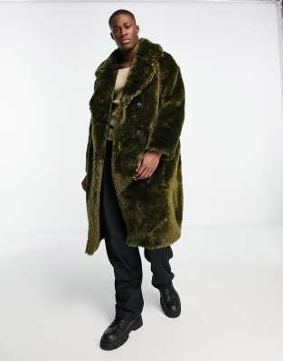 Urbancode Curve Urbancode Double Breasted Faux Fur Coat In Green