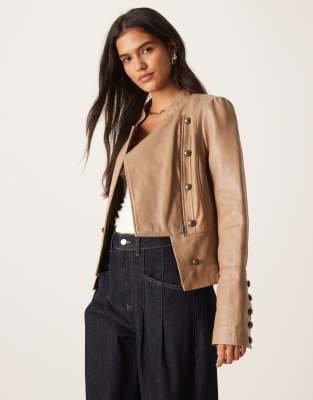 Urbancode Double Breasted Leather Military Jacket In Neutral