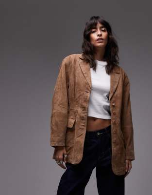 Urbancode Urbancode drop shoulder oversized suede blazer jacket in camel-Brown
