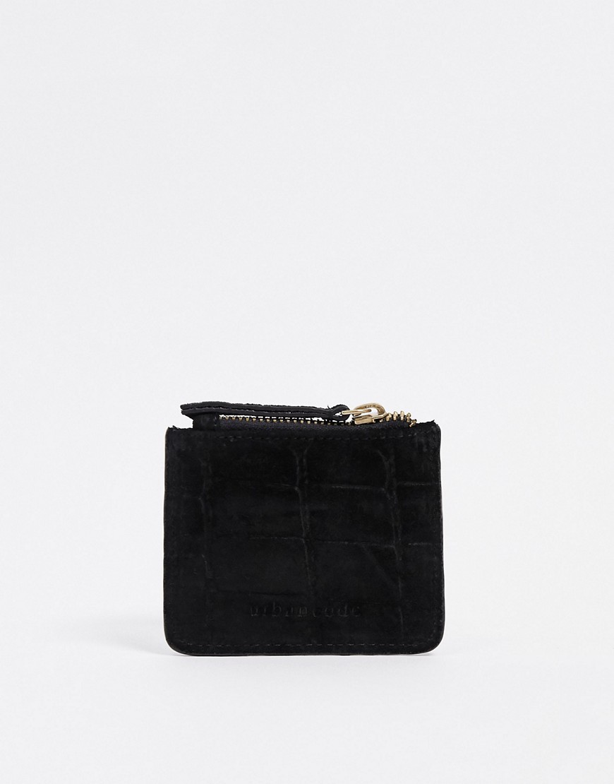 Urbancode embossed leather zip top card holder in black