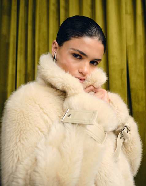 Urbancode faux fur belted 80's jacket in cream - view 1
