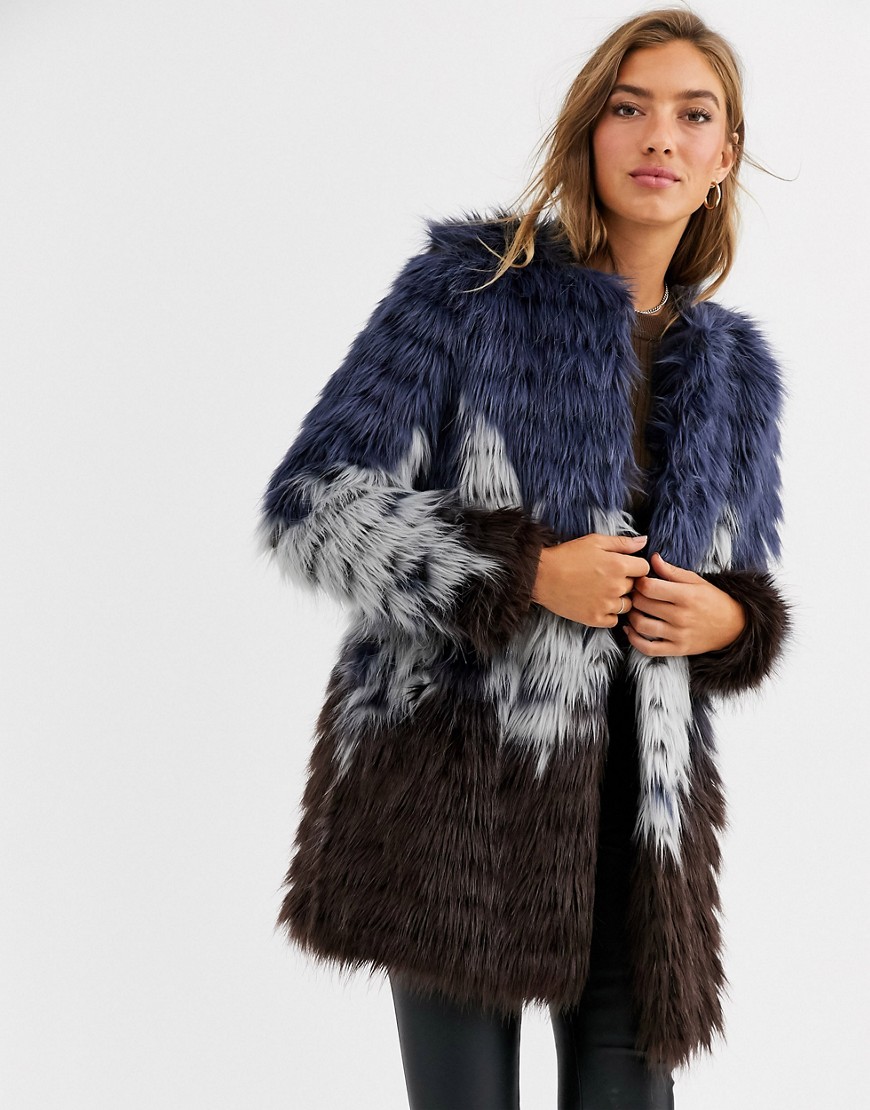 Urbancode faux fur coat in tri colour-Multi
