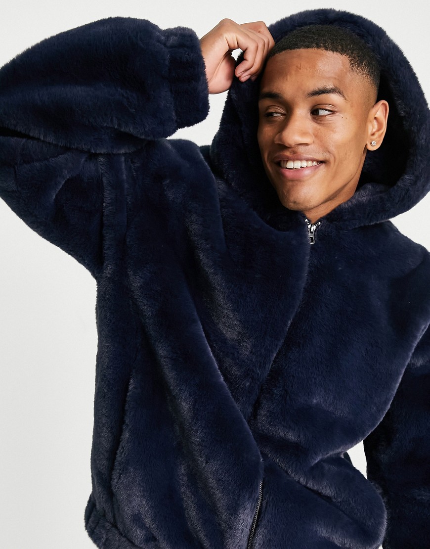 Urbancode faux fur hooded bomber in navy
