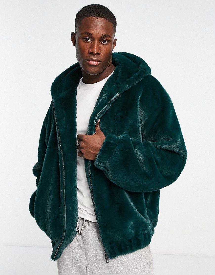 Urbancode faux fur hooded bomber jacket in dark green
