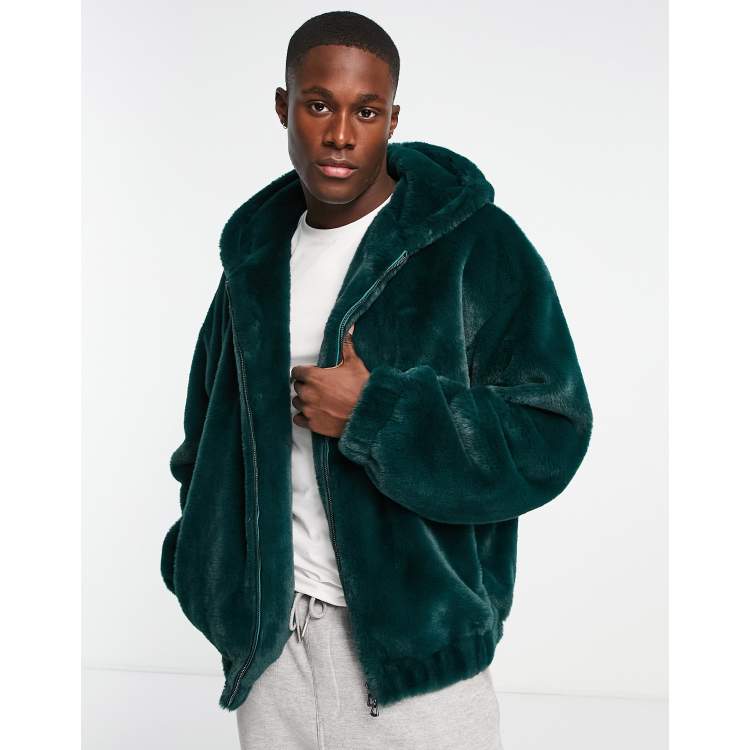 Urbancode faux fur hooded bomber jacket in dark green