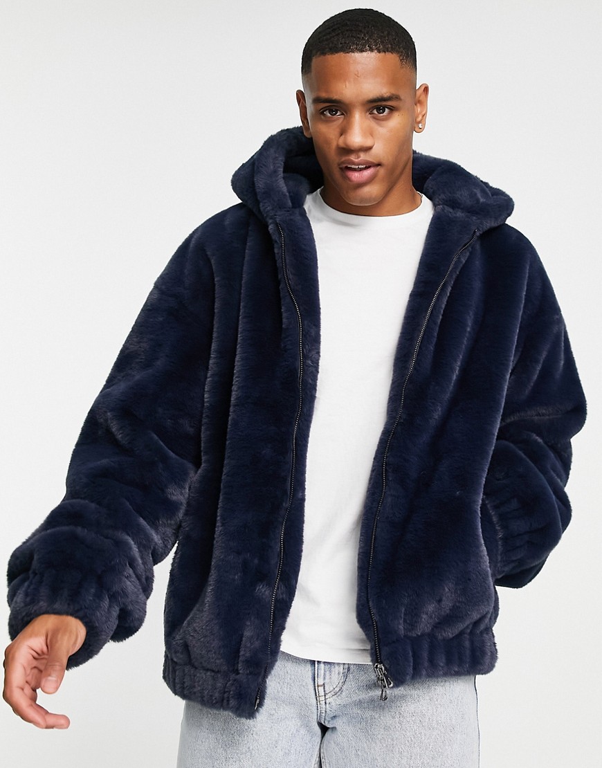Urbancode faux fur hooded bomber jacket in navy