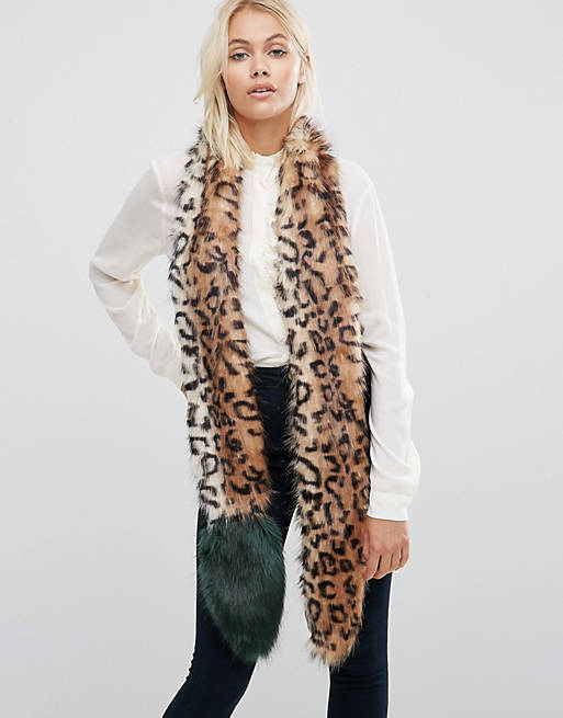 Urbancode Faux Fur Leopard Skinny Scarf With Contrast Tail