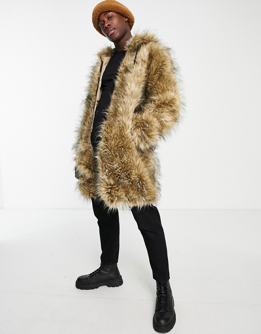 Urbancode faux fur longline hooded jacket in textured brown