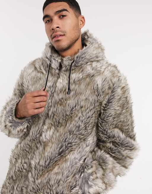 Urbancode faux fur longline hooded jacket in textured grey ASOS