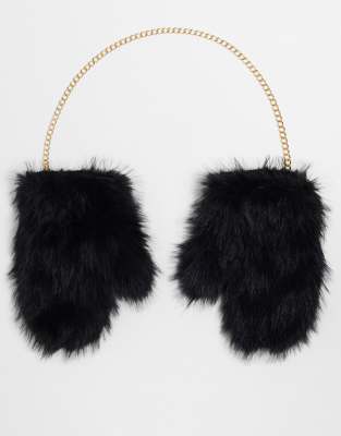 Urbancode faux fur mittens with gold chain in black - ASOS Price Checker