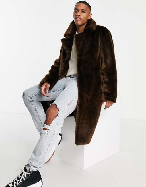 Urbancode faux fur overcoat in chocolate ASOS