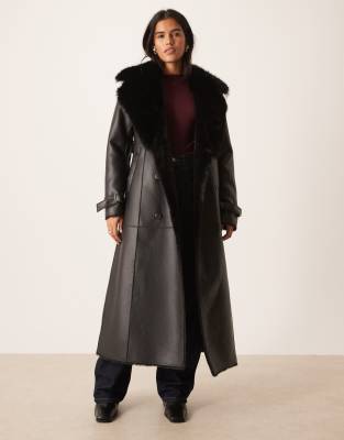 Urbancode Urbancode faux leather belted coat in black