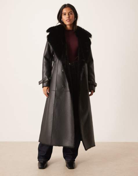 Urbancode faux leather belted coat in black - view 1