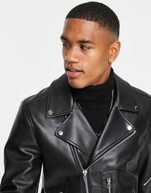 Urbancode faux leather biker jacket in black | ASOS
