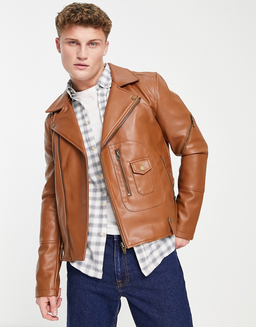 Urbancode Faux Leather Biker Jacket In Tan-brown | ModeSens