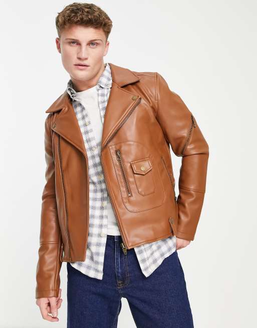 Urbancode faux leather biker jacket in tan ASOS