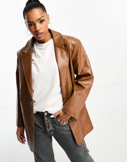 Urbancode faux leather blazer in vintage brown | ASOS