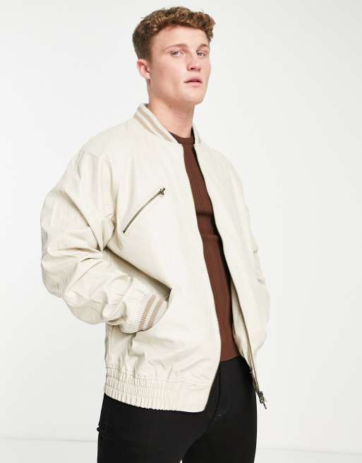 Urbancode faux leather bomber jacket in cream | ASOS