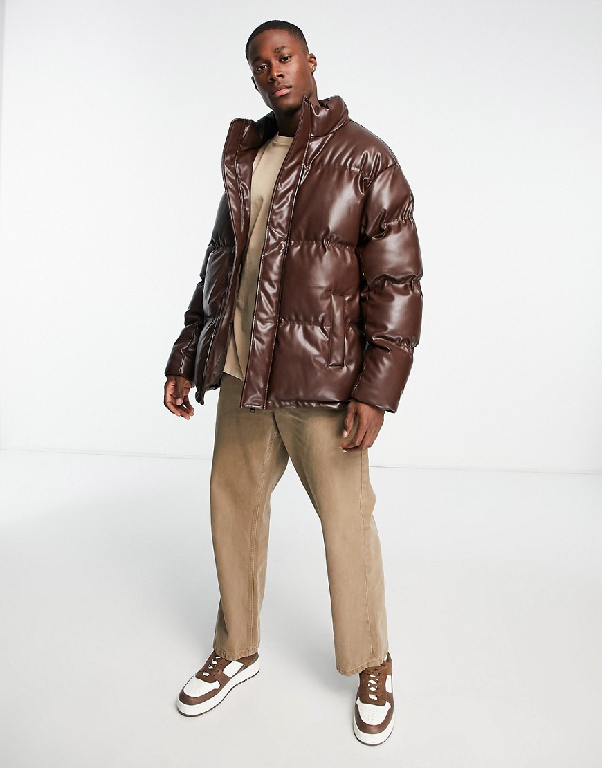 Urbancode faux leather puffer jacket in brown