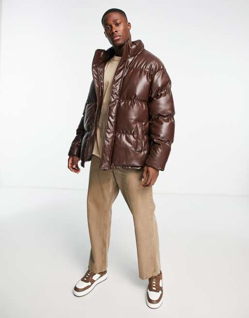 Urbancode faux leather puffer jacket in brown | ASOS