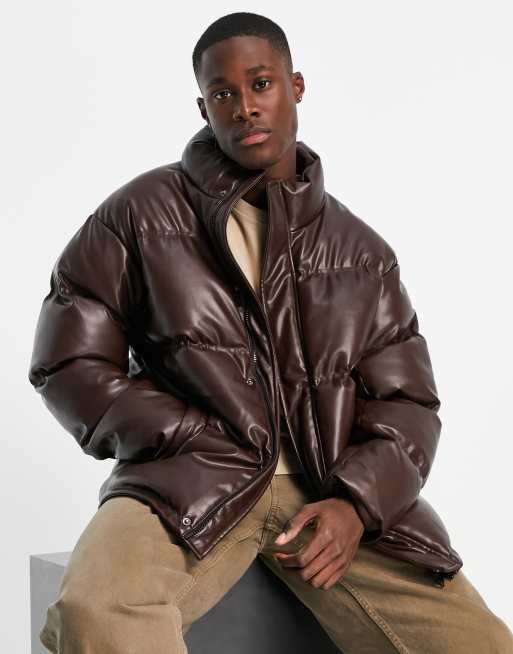 Urbancode faux leather puffer jacket in brown | ASOS