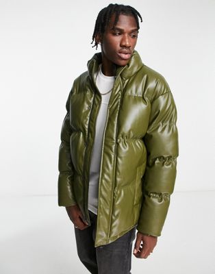 Urbancode faux leather puffer jacket in khaki - ASOS Price Checker