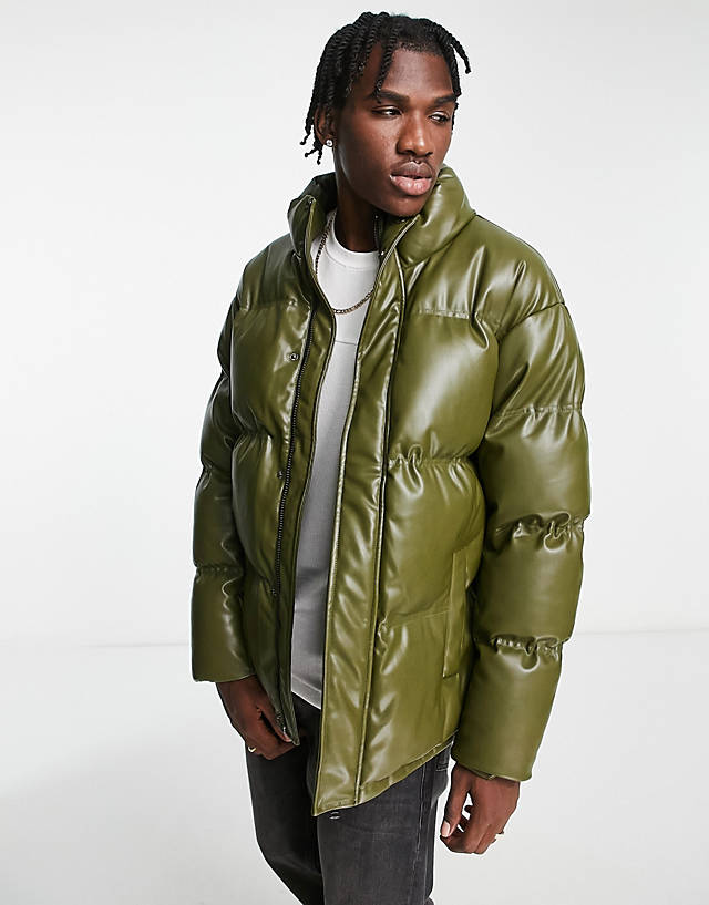 Urbancode - faux leather puffer jacket in khaki