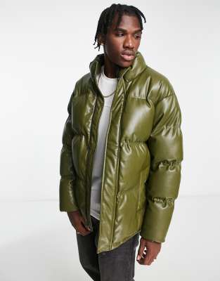 Khaki Faux Leather Puffer Gilet