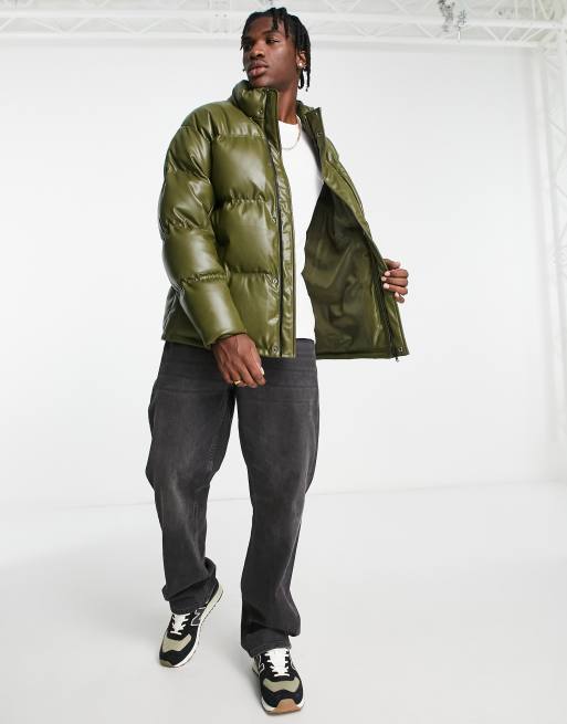 Urbancode faux leather puffer jacket in khaki ASOS