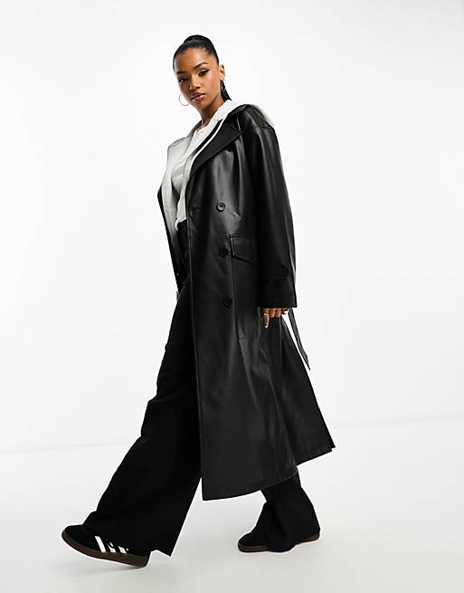 Urbancode faux leather trench coat in black | ASOS