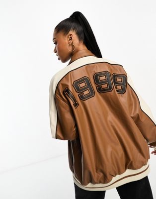 Urbancode faux leather varsity bomber in brown