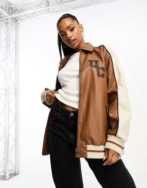 Urbancode faux leather varsity bomber jacket in brown