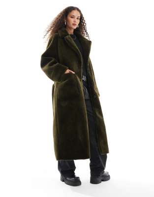 Urbancode faux shearling belted maxi coat in khaki - view 1