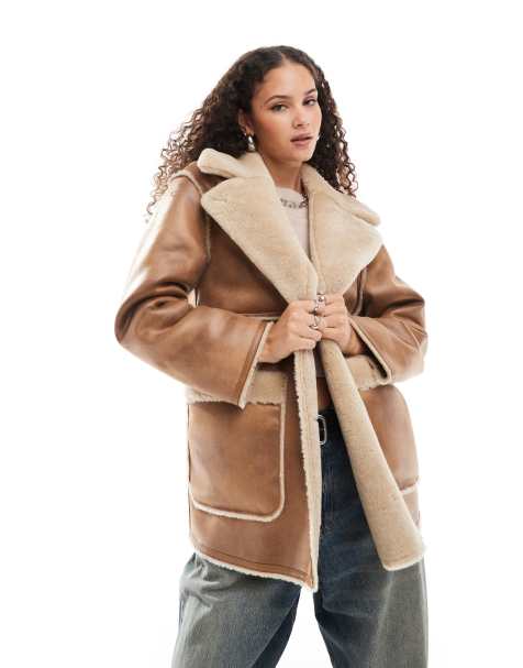 Urbancode faux shearling car coat in tan - view 1