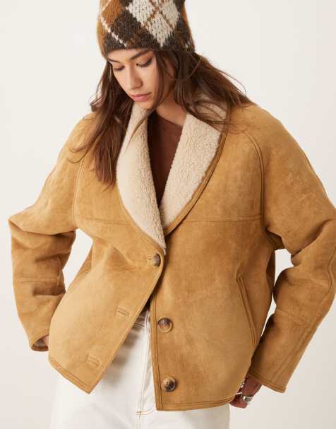 Urbancode faux shearling cropped jacket in camel - view 1
