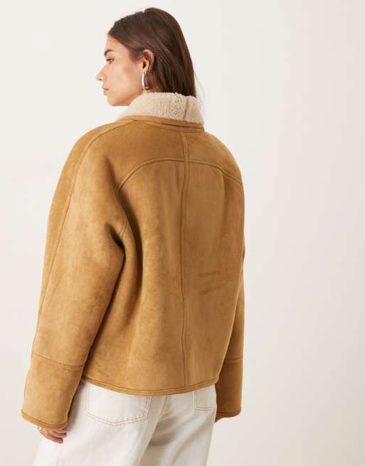 Urbancode faux shearling cropped jacket in camel, 3 of 4