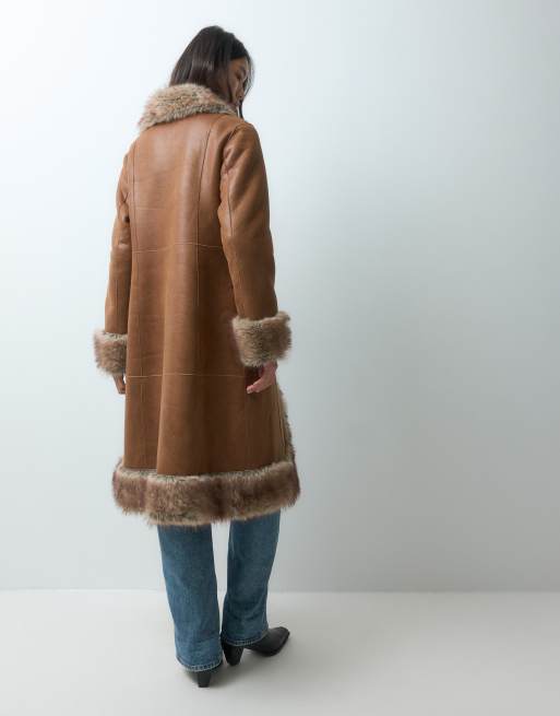 Urbancode faux shearling penny lane coat in tan, 3 of 5