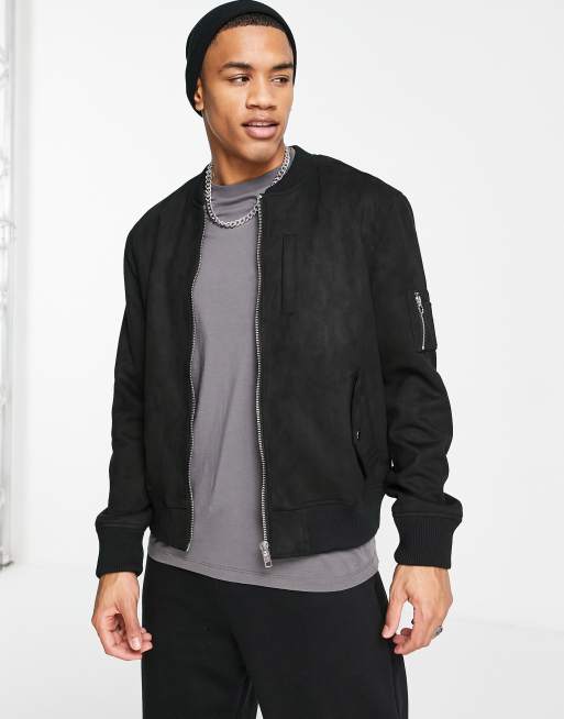 FAUX SUEDE BOMBER JACKET - Black