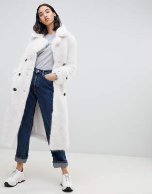 white faux fur trench coat