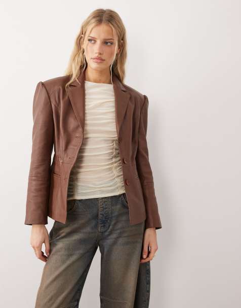 Urbancode fitted leather blazer jacket in brown - view 1