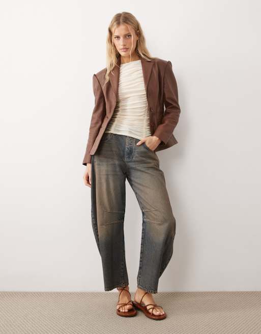 Urbancode fitted leather blazer jacket in brown, 2 of 4