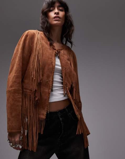 Urbancode fringe detail suede boho jacket in chestnut - view 1