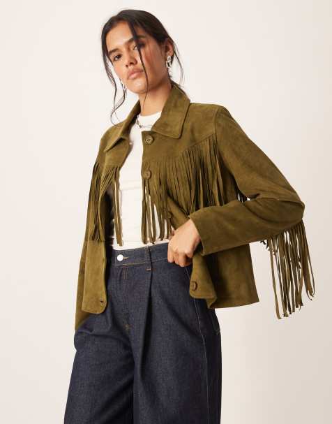 Urbancode fringed faux-suede jacket in khaki green - view 1