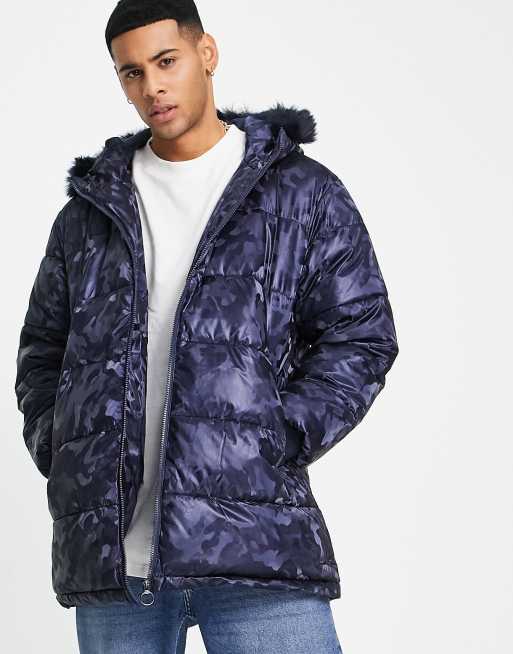 Urbancode - Gewatteerde parka met camouflageprint in marineblauw