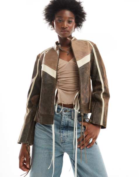 Urbancode - Giacca biker in pelle marrone multicolore a pannelli - view 1
