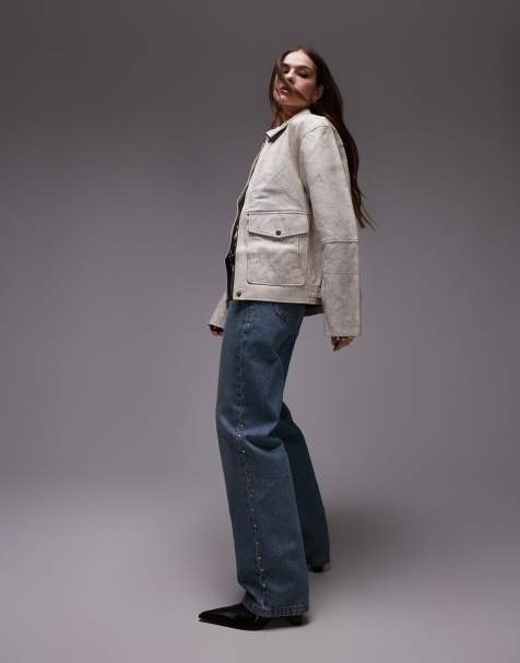 Urbancode - Giacca harrington in pelle effetto screpolato bianca con tasca applicata - view 1