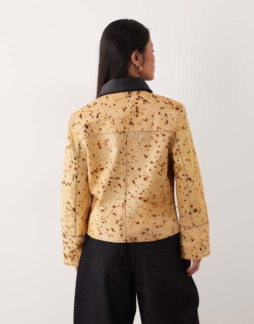 Urbancode - Giacca squadrata color crema e marrone con stampa pezzata, 4 di 4