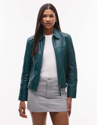 Urbancode - Harrington-Jacke aus Used-Leder in Petrol-Blau